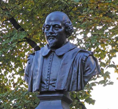 A bust of William Shakespeare in the Love Lane Garden.